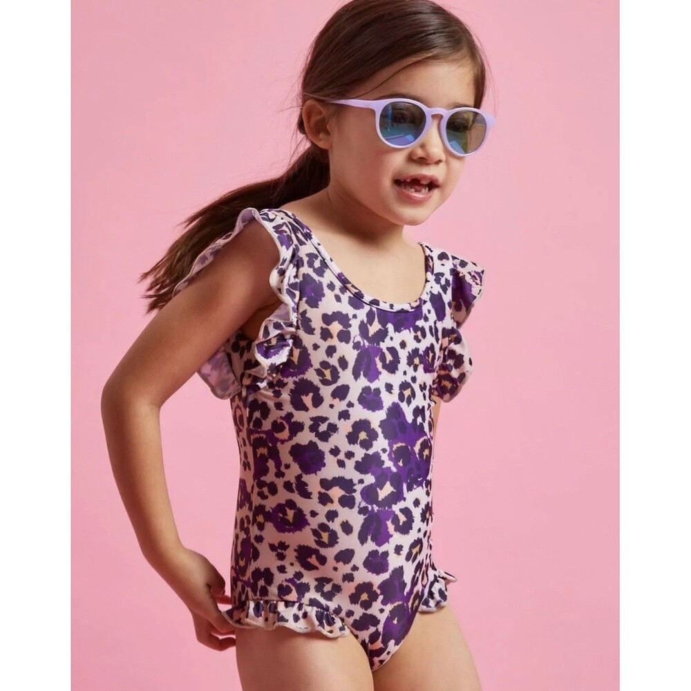 NWOT Boardies 12-13 Girls Cheetah Ruffle Swimsuit Purple Leopard Fully Lined